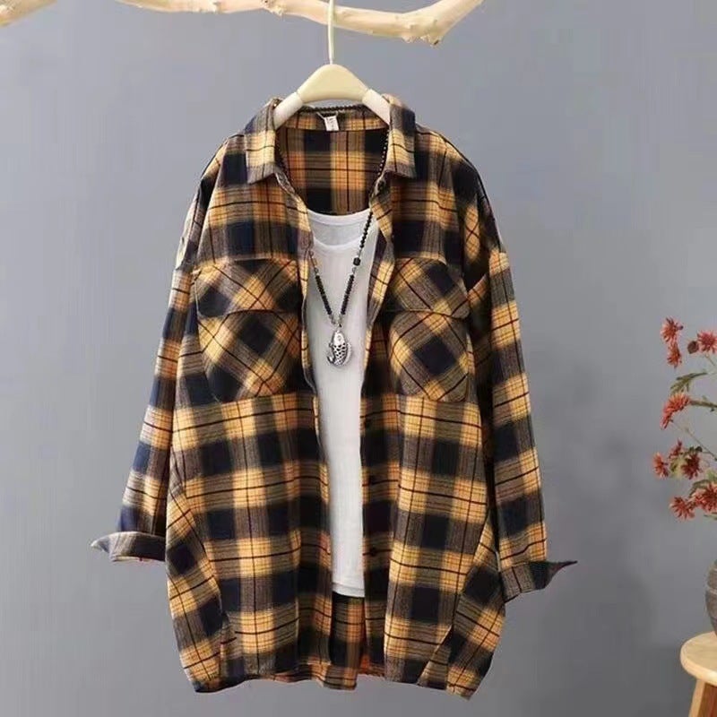 Plaid Shirt Womens Spring and Autumn European High-end Shirt Mid-length Sanding Top Stacked Cardigan Lapel Jacket A6 Yellow  - Image 3