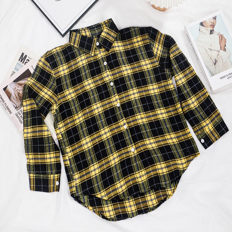 Plaid Shirt Womens Spring and Autumn European High-end Shirt Mid-length Sanding Top Stacked Cardigan Lapel Jacket A6 Yellow  - Image 1