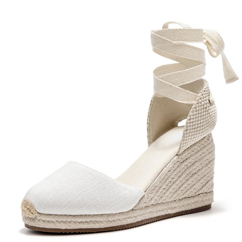 U-lite Womens Espadrille Wedge Sandals Closed Toe Platform Lace Up Ankle Strap Slingback Summer Dress Shoes White Canvas-3" 9 - Image 2