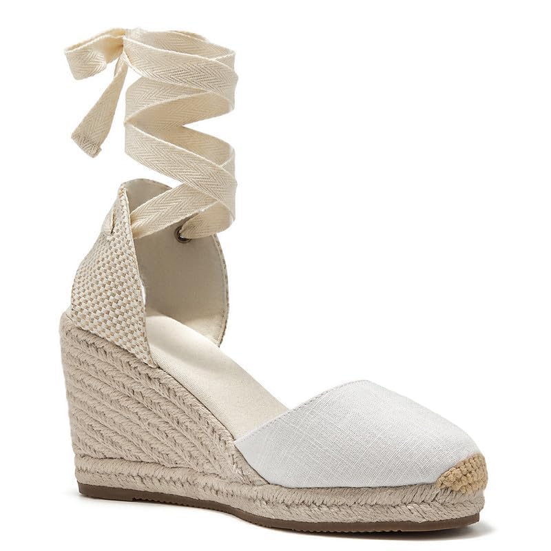 U-lite Womens Espadrille Wedge Sandals Closed Toe Platform Lace Up Ankle Strap Slingback Summer Dress Shoes White Canvas-3" 9 - Image 3