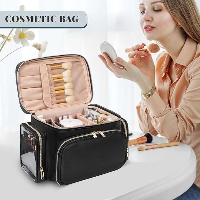 Large Makeup Bag Portable Travel Make up Bag Organiser for Women Cosmetic Bags PU Leather Makeup Brushes Bag with Compartments Black