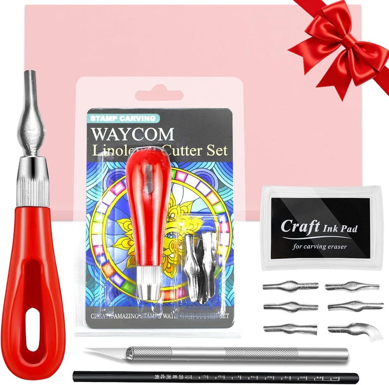 WAYCOM Rubber Stamp Making Kit: Linoleum Cutter Set Hobby Knife Pencil for DIY Stamp Carving Craft Hobby Kits Birthday Gift for Adults/Women/Men/Boys/Girls - Image 1