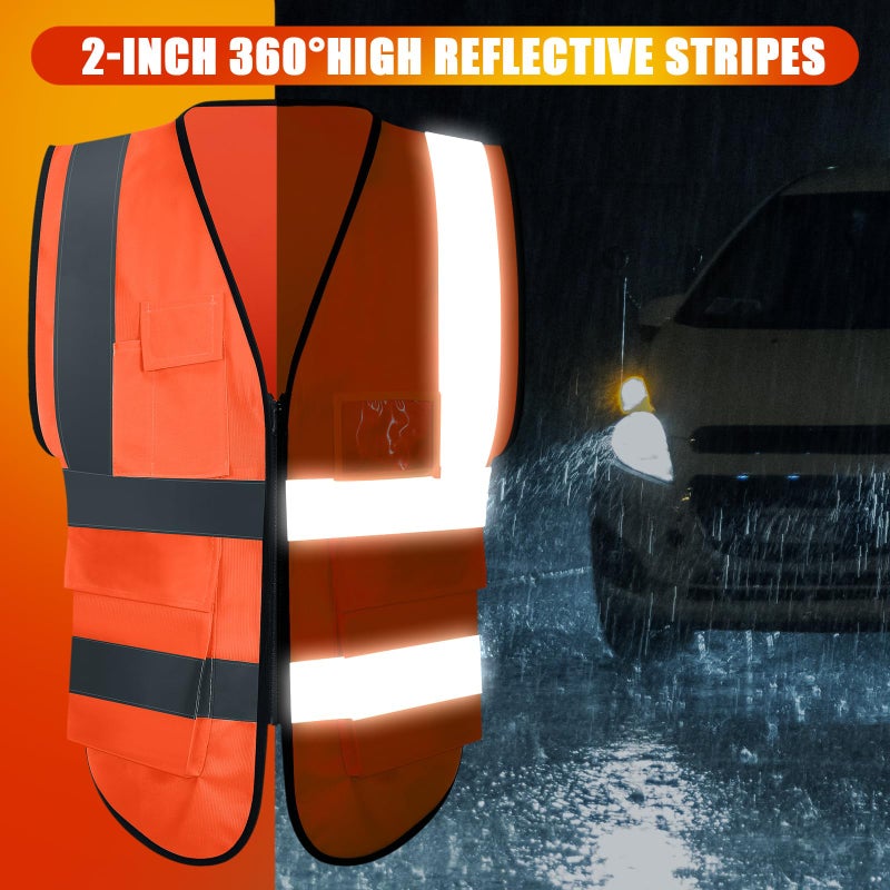 JaGely 15 Pack Reflective Safety Vests with Pockets and Zipper Construction Work High Visibility Vest for Men Women(Large,Orange Red) - Image 4