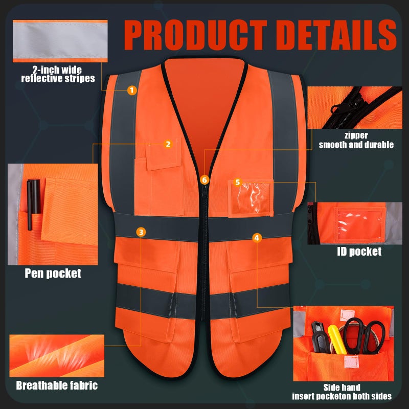 JaGely 15 Pack Reflective Safety Vests with Pockets and Zipper Construction Work High Visibility Vest for Men Women(Large,Orange Red) - Image 3