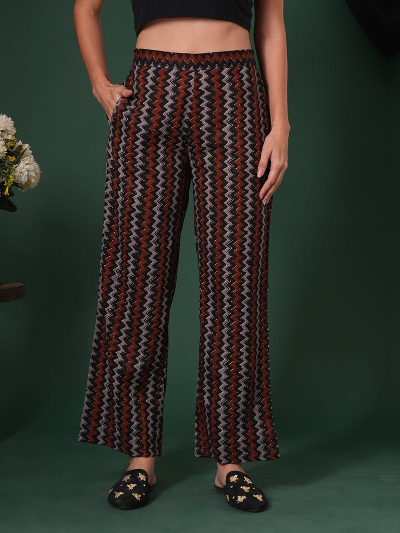 globus Women Cotton Chevron Print Mid-Rise Ethnic Parallel Trousers - Image 2
