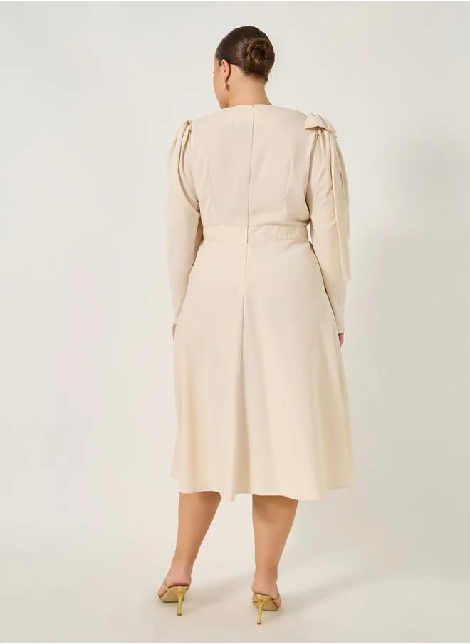 ستايلي Plus Size Shoulder Bow Detail A-Line Midi Dress