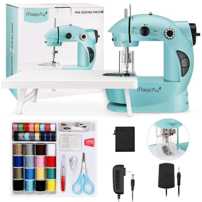 MINI SEWING MACHINE WITH EXTENSION TABLE DUAL SPEED PORTABLE SEWING MACHINE FOR BEGINNERS WITH LIGHT SEWING KIT FOR HOUSEHOLD USE BLUE
