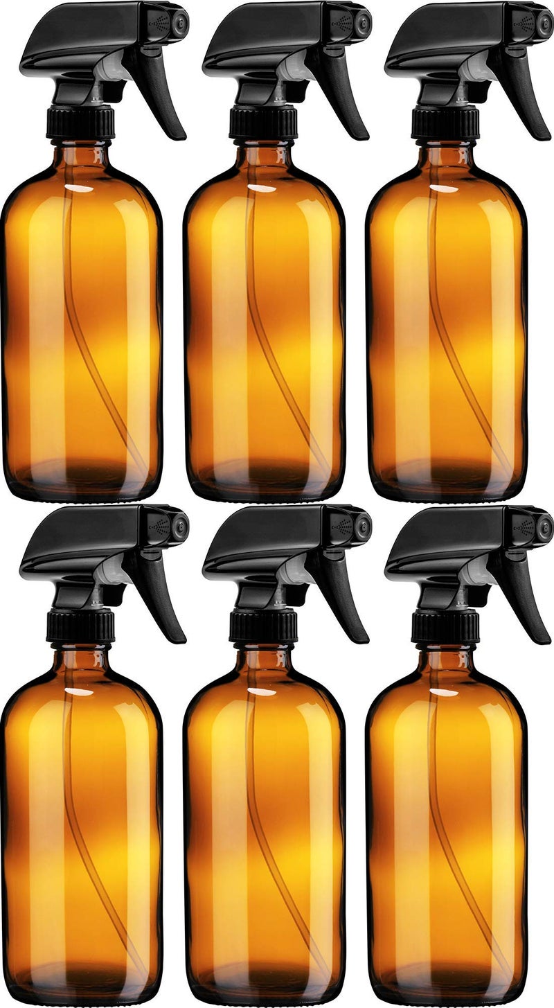 Sally's Organics Sally's Organics Empty Amber Glass Spray Bottle - Large 16 oz Refillable Container for Essential Oils, Cleaning Products, or Aromatherapy - Black Trigger Sprayer w/Mist and Stream Settings - 6 Pack 