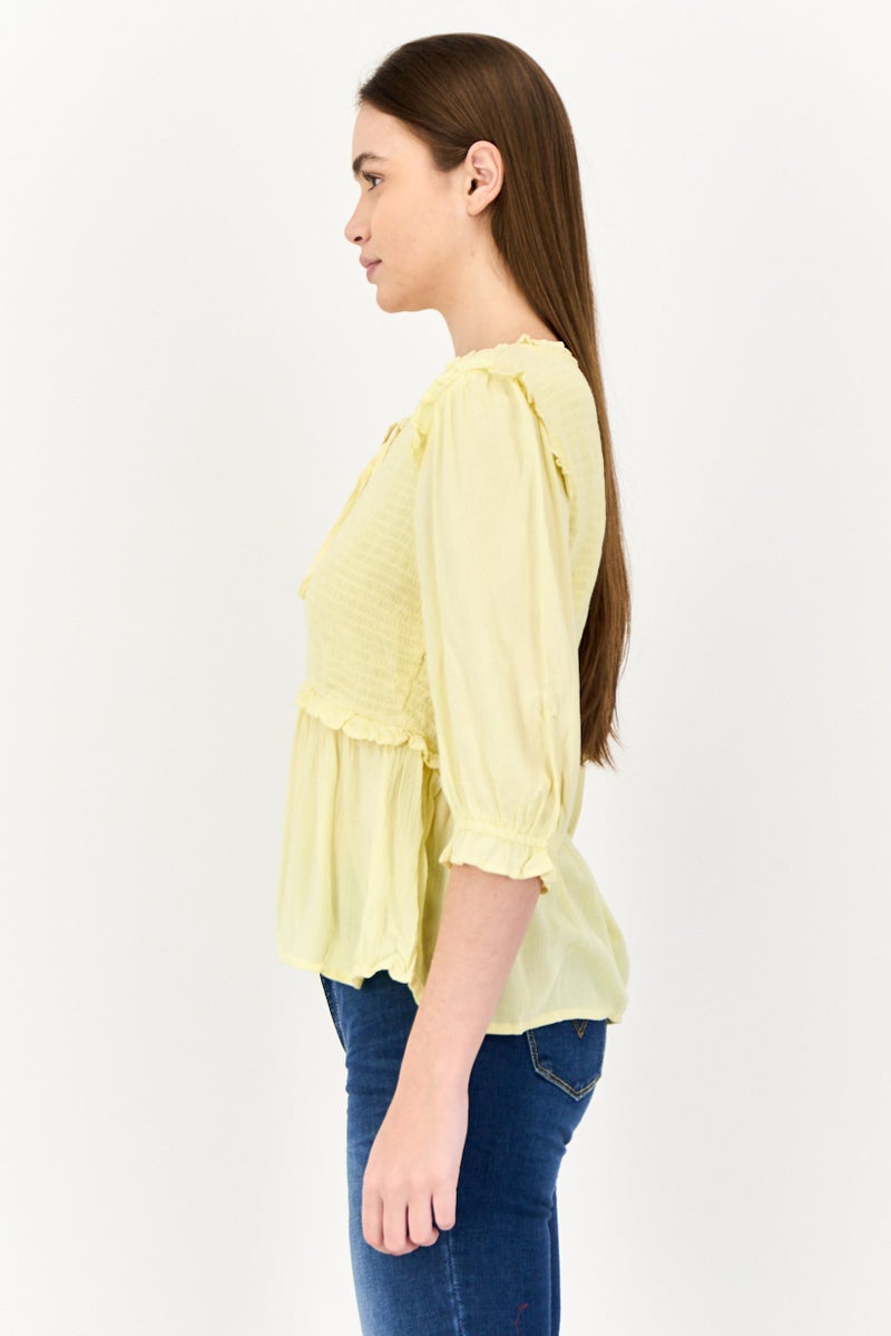 ONLY Women Tie Closure 3/4 Sleeves Textured Blouse, Yellow  - Image 3