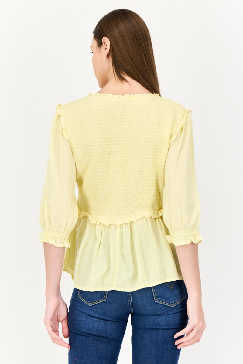 ONLY Women Tie Closure 3/4 Sleeves Textured Blouse, Yellow  - Image 2