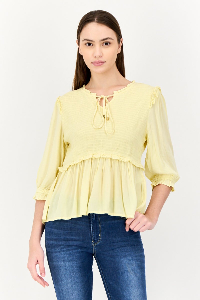ONLY Women Tie Closure 3/4 Sleeves Textured Blouse, Yellow  - Image 1