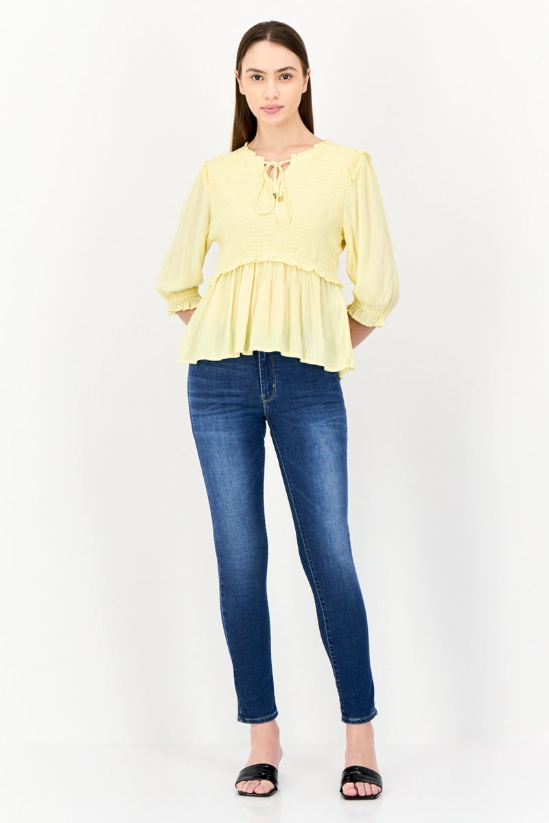 ONLY Women Tie Closure 3/4 Sleeves Textured Blouse, Yellow  - Image 4