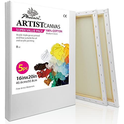 PHOENIX Stretched Canvas for Painting 16x20 Inch/5 Value Pack, 8 Oz Triple Primed 5/8 Inch Profile 100% Cotton White Blank Canvas, Large Framed Canvas for Oil Acrylic & Pouring Art - Image 1