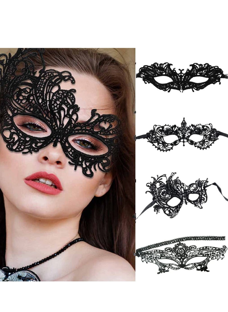 Bukela Women Lace Eye Mask, 4pcs Sexy Masquerade Masks Mysterious Lace Face Mask, Masquerade Venetian Eyemask for Halloween Carnival Party Costume Ball, Black  - Image 1