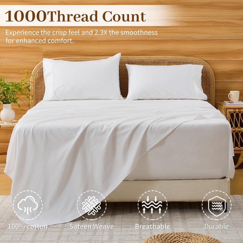 Bedlifes Deep Pocket Sheets 18-24 Inch, Queen Size Egyptian Cotton 1000 Thread Count, 4-Piece - Fits Extra Thick Mattresses, Cooling & Breathable (White) - Image 2