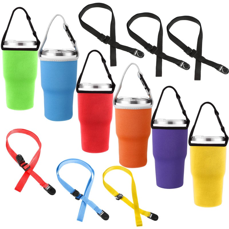 Lauwell 6 Pieces 30oz Tumbler Carrier Holder Pouch with Shoulder Strap Reusable Cup Holder Pouch Neoprene Insulator Cup Sleeve Cover Drinks Sleeve