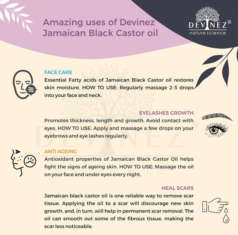 Devinez Jamaican Black Castor Certified ColdPressed Oil 100ml with Pump Organic for Hair Growth Stronger Hair Skin Nails No Mineral Oil Silicones - Image 5