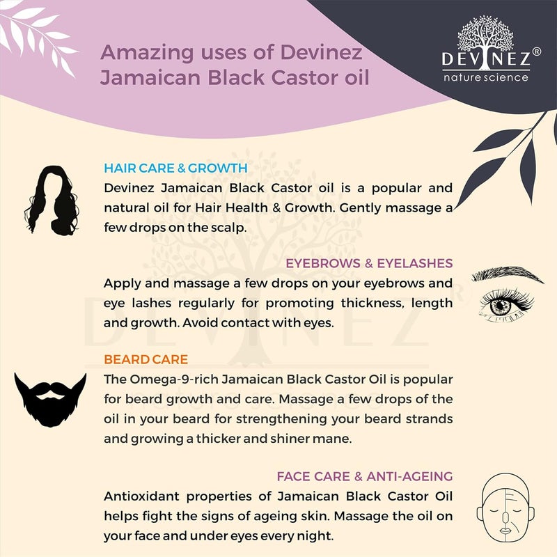 Devinez Jamaican Black Castor Certified ColdPressed Oil 100ml with Pump Organic for Hair Growth Stronger Hair Skin Nails No Mineral Oil Silicones - Image 4