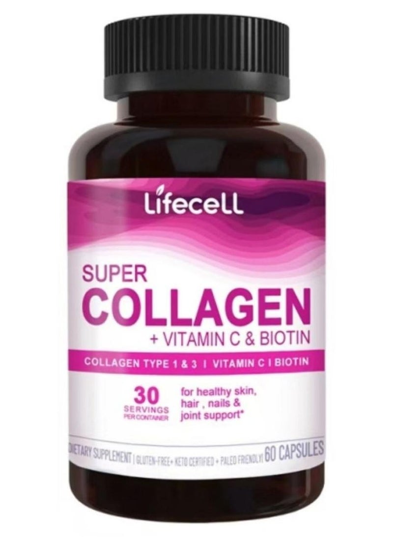 لايفسل نيوسيل، سوبر كولاجين ببتيدات سوبر كولاجين + فيتامين سي وبيوتين 3 جرام كولاجين في الحصة الواحدة خالي من الغلوتين يعزز صحة الشعر والبشرة والأظافر، مكمل غذائي، 60 كبسولة - Image 1