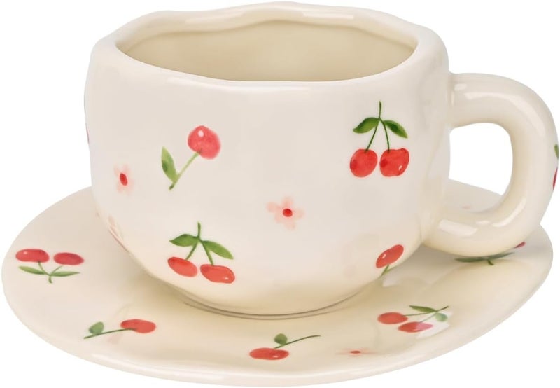 Koythin Ceramic Coffee Mug with Saucer Set Creative Cute Cherry Cup Unique Irregular Design for Office and Home 10 oz300 ml for Latte Tea Milk - Image 1