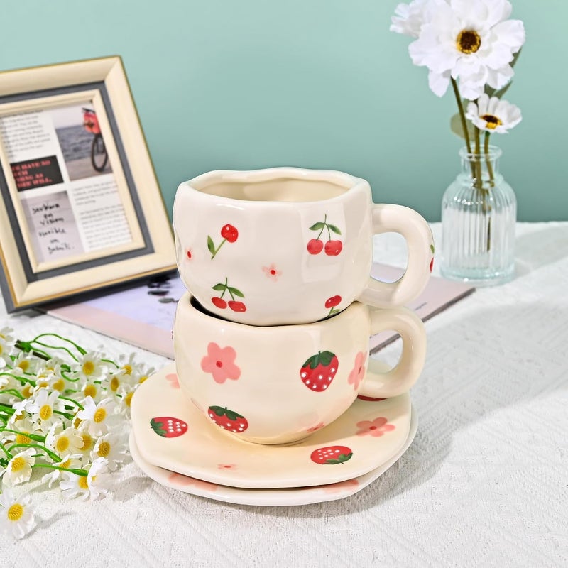 Koythin Ceramic Coffee Mug with Saucer Set Creative Cute Cherry Cup Unique Irregular Design for Office and Home 10 oz300 ml for Latte Tea Milk - Image 5