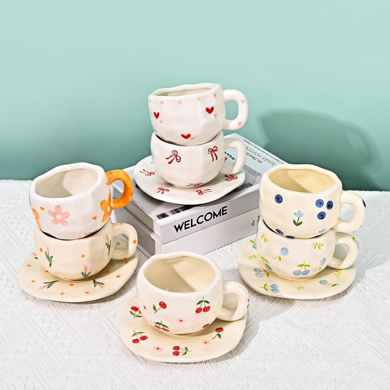 Koythin Ceramic Coffee Mug with Saucer Set Creative Cute Cherry Cup Unique Irregular Design for Office and Home 10 oz300 ml for Latte Tea Milk - Image 4