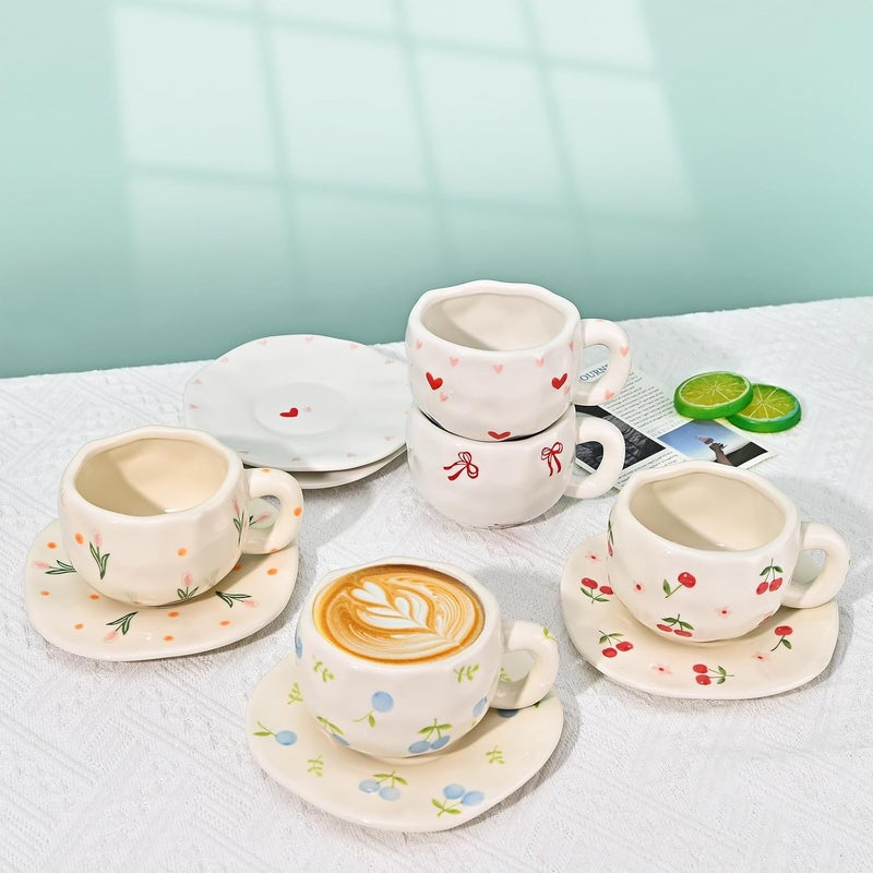 Koythin Ceramic Coffee Mug with Saucer Set Creative Cute Cherry Cup Unique Irregular Design for Office and Home 10 oz300 ml for Latte Tea Milk - Image 3