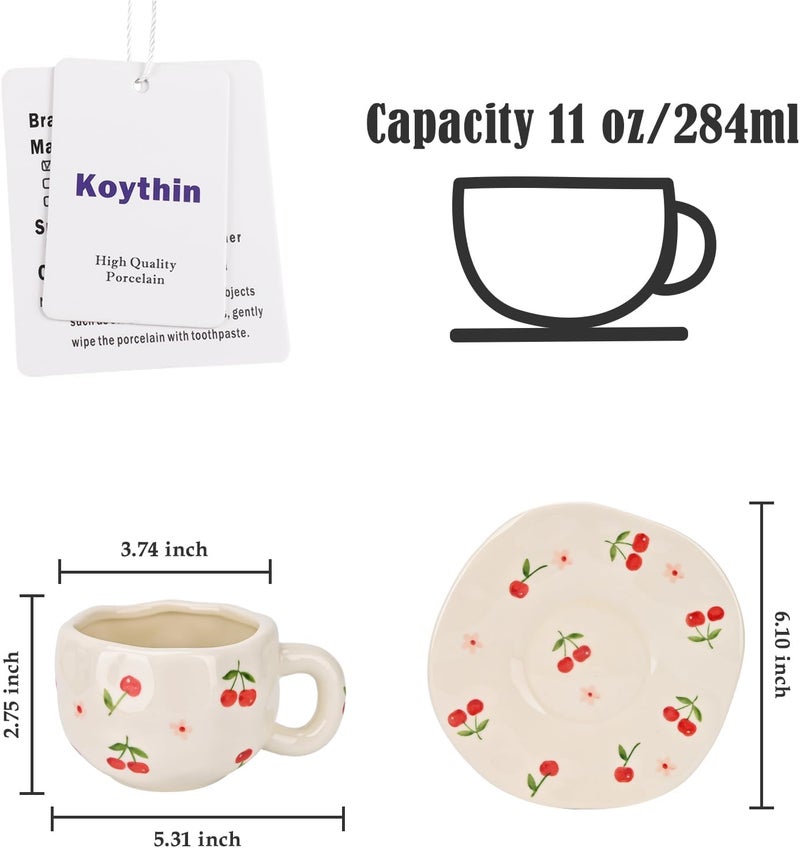 Koythin Ceramic Coffee Mug with Saucer Set Creative Cute Cherry Cup Unique Irregular Design for Office and Home 10 oz300 ml for Latte Tea Milk - Image 2