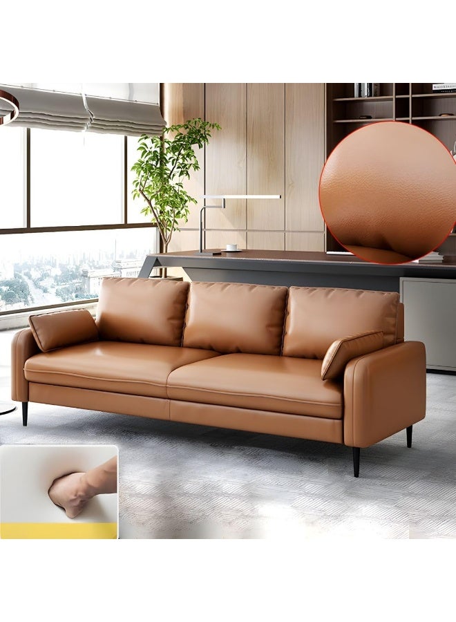 Ripple FURNITURE UAE Homes Modern 3-Seater Sofa, Pillow-Back Design, Beige Leather, Metal Legs (Brown) - Image 1