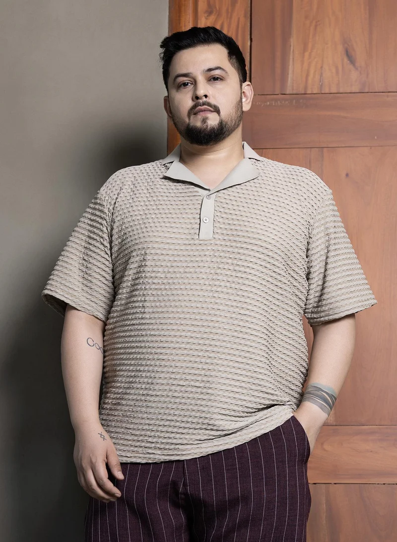Instafab Plus Men's Peanut Beige Crease-Tactile Cuban Polo T-Shirt