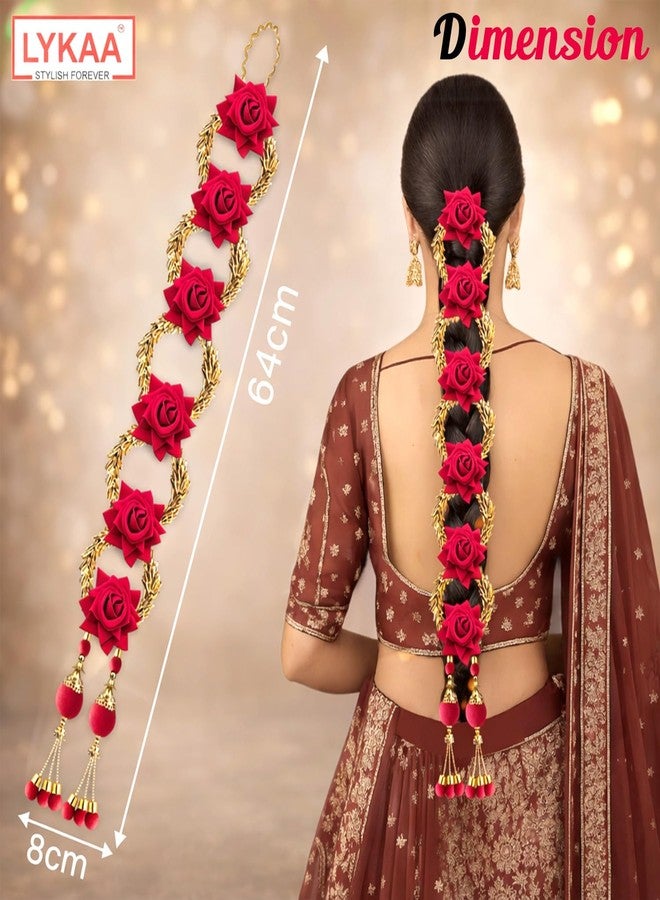 LYKAA Artificial Rose Floral Hair Parandi with Tassels | Bridal Braided Choti Hair Accessory for Wedding, Mehndi & Festive occasion-1 Pc Magenta & Golden - Image 3