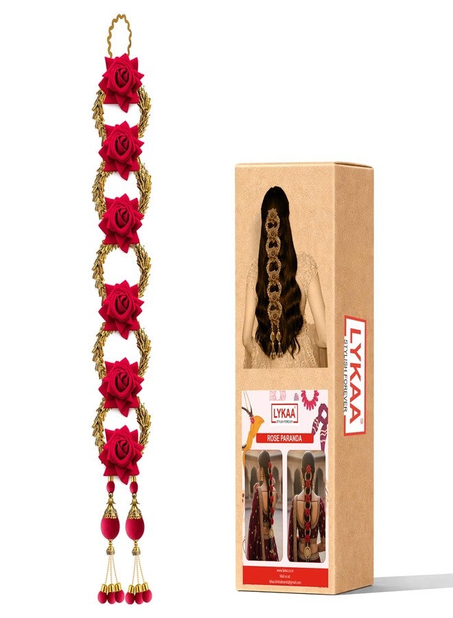 LYKAA Artificial Rose Floral Hair Parandi with Tassels | Bridal Braided Choti Hair Accessory for Wedding, Mehndi & Festive occasion-1 Pc Magenta & Golden - Image 2