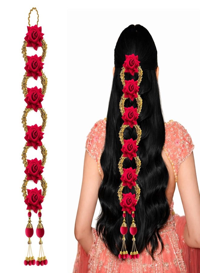 LYKAA Artificial Rose Floral Hair Parandi with Tassels | Bridal Braided Choti Hair Accessory for Wedding, Mehndi & Festive occasion-1 Pc Magenta & Golden - Image 1