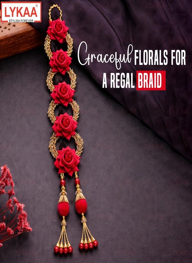 LYKAA Artificial Rose Floral Hair Parandi with Tassels | Bridal Braided Choti Hair Accessory for Wedding, Mehndi & Festive occasion-1 Pc Magenta & Golden - Image 5