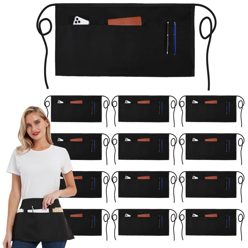 DUSKCOVE 12 Pack Server Aprons with 3 Pockets  Waitress Half Aprons for Women Men Water Resistant with Long Waist Strap