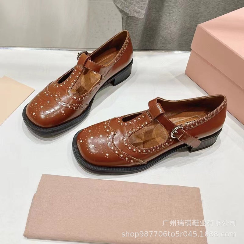 Cowhide Version ~ Retro Autum Mary Jane Shoes Women'S Shallow Mouth Flats T-Strap Loafers Thick Heel Brogue Small Leather Shoes - Image 2