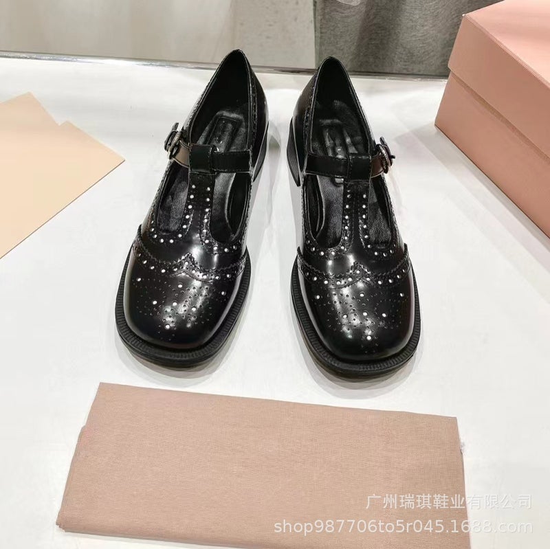 Cowhide Version ~ Retro Autum Mary Jane Shoes Women'S Shallow Mouth Flats T-Strap Loafers Thick Heel Brogue Small Leather Shoes - Image 1