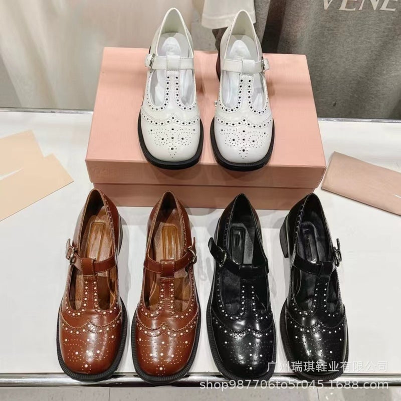Cowhide Version ~ Retro Autum Mary Jane Shoes Women'S Shallow Mouth Flats T-Strap Loafers Thick Heel Brogue Small Leather Shoes - Image 3