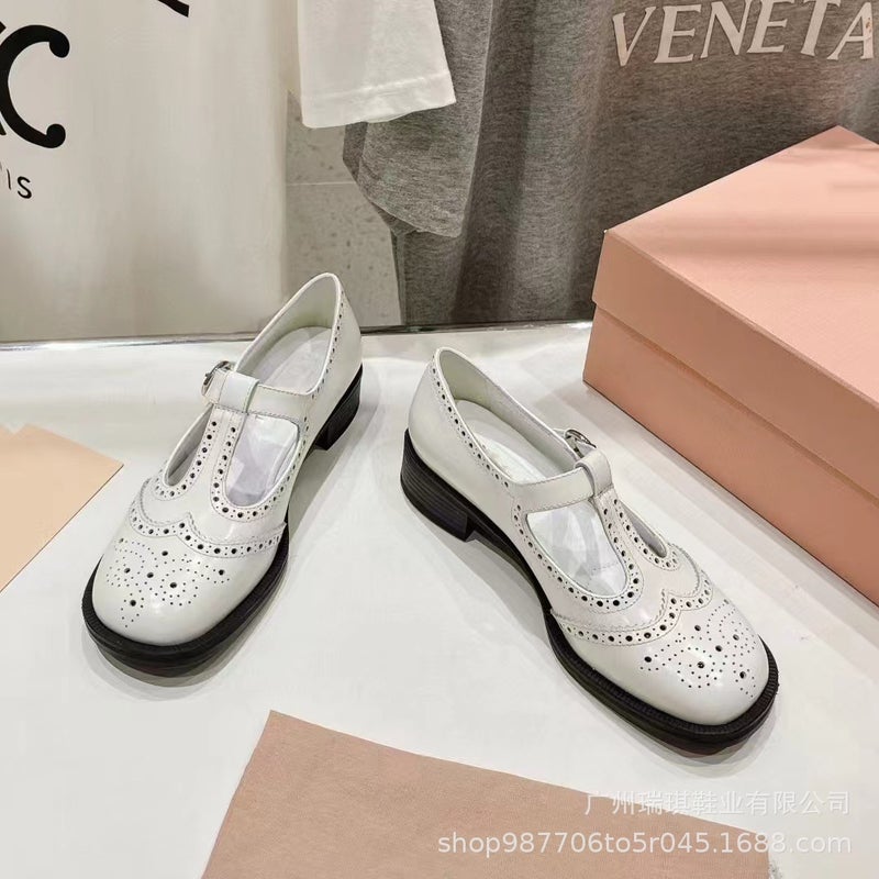 Cowhide Version ~ Retro Autum Mary Jane Shoes Women'S Shallow Mouth Flats T-Strap Loafers Thick Heel Brogue Small Leather Shoes - Image 5