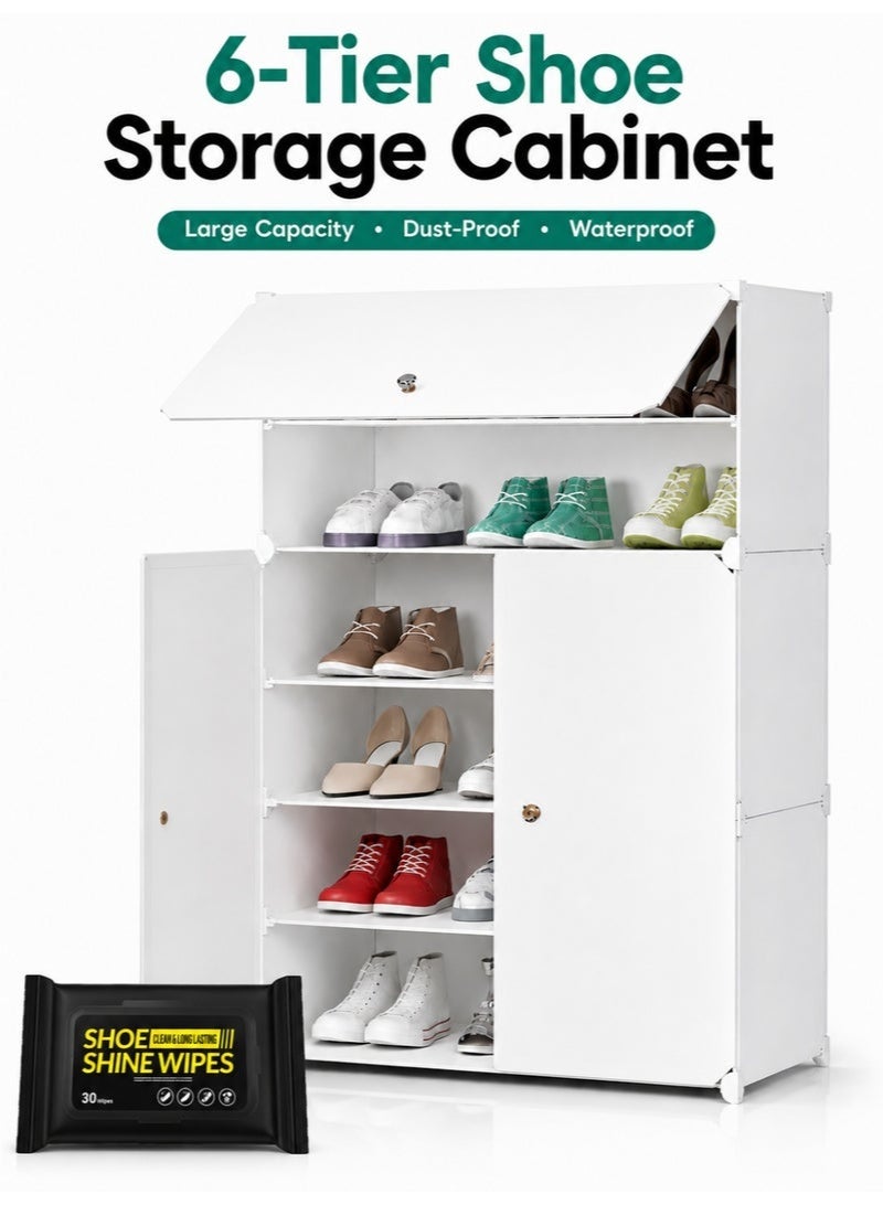 6 Tier Shoe Organizer Rack with Doors, Large Plastic Shoe Storage Cabinet, Stackable Shoe Rack Shelf with Shoe Cleaning Wipe, Space Saving Entryway Shoe Cabinet for Home, Bedroom, Closet & Living Room - Image 1