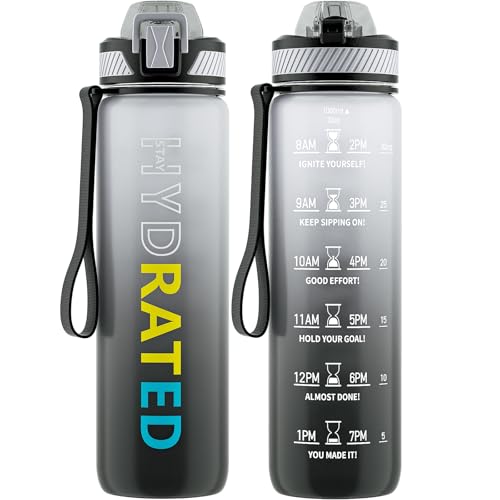 QLUR Water Bottle with Straw, 32oz Motivational Water Bottles with Time Marker to Drink, Tritan BPA Free, 1L Sports Water Bottle with Carry Strap LeakProof for Women Gym Fitness Outdoor (1 Pack) - Image 1