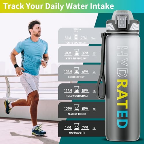 QLUR Water Bottle with Straw, 32oz Motivational Water Bottles with Time Marker to Drink, Tritan BPA Free, 1L Sports Water Bottle with Carry Strap LeakProof for Women Gym Fitness Outdoor (1 Pack) - Image 2