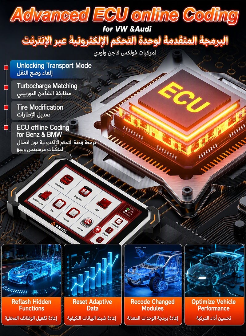 أنسيل جهاز ANCEL DS600BT لفحص وتشخيص أنظمة السيارة بالكامل (OBD2)، أداة فحص ثنائية الاتجاه تتضمن أكثر من 3000 اختبار نشط وأكثر من 35 وظيفة إعادة ضبط وصيانة، مع ميزات برمجة وحدات التحكم (ECU Coding) وتحديثات مجانية مدى الحياة؛ يدعم بروتوكولات CAN FD وDOIP وFCA SGW واللغة العربية، ويوفر خاصية عرض البيانات الحية واتصالاً لاسلكياً عبر البلوتوث. - Image 5