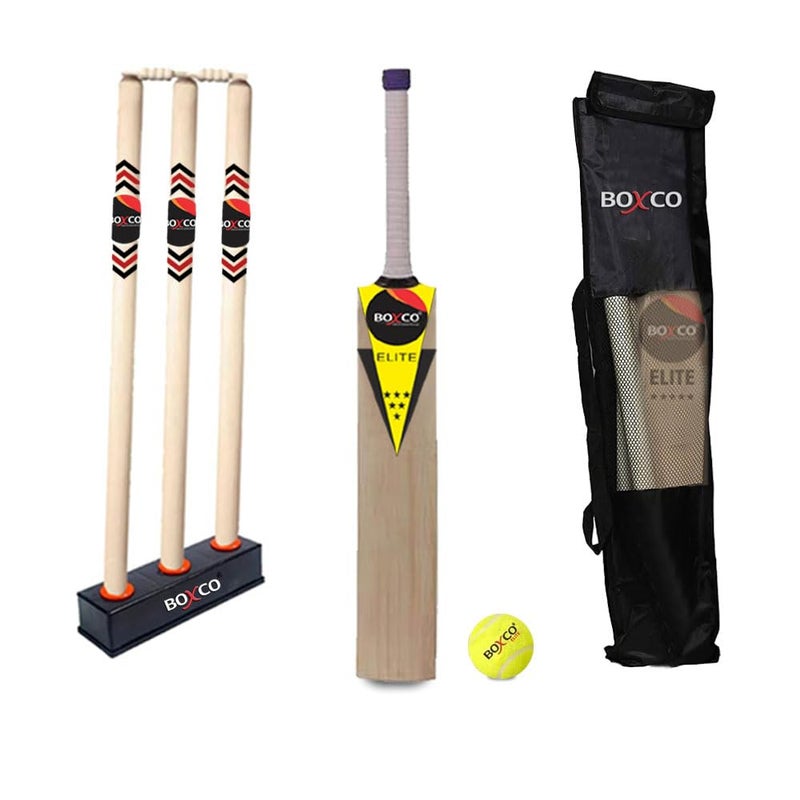 Boxco Elite Club Cricket Kit with Wooden Popular Willow Cricket Bat, 3 Stumps, 2 Bails, Tennis Ball, Stand, Carry Bag (Age Group 9 to 12) - Image 5