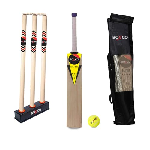 Boxco Elite Club Cricket Kit with Wooden Popular Willow Cricket Bat, 3 Stumps, 2 Bails, Tennis Ball, Stand, Carry Bag (Age Group 9 to 12) - Image 1