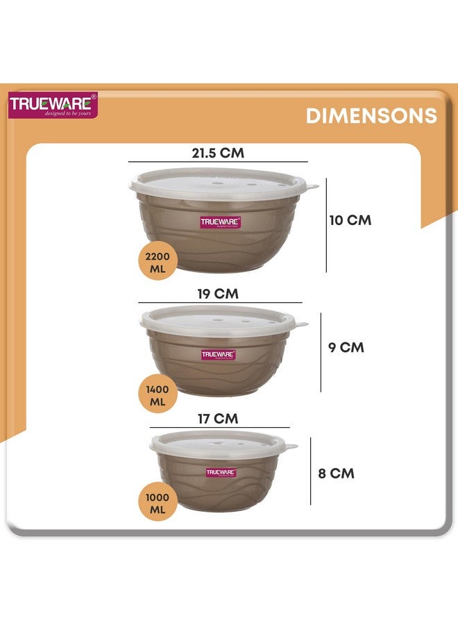 Trueware Microwave Safe Bowl |1 Year Warranty | Bowl Sets, Bowl, Serving Bowl with lid |1000,1400,2200 ml | Florra Stainless Steel Serving Bowls, Microwave Bowl | Mixing Bowl Set of 3 with Lid- Brown - Image 2