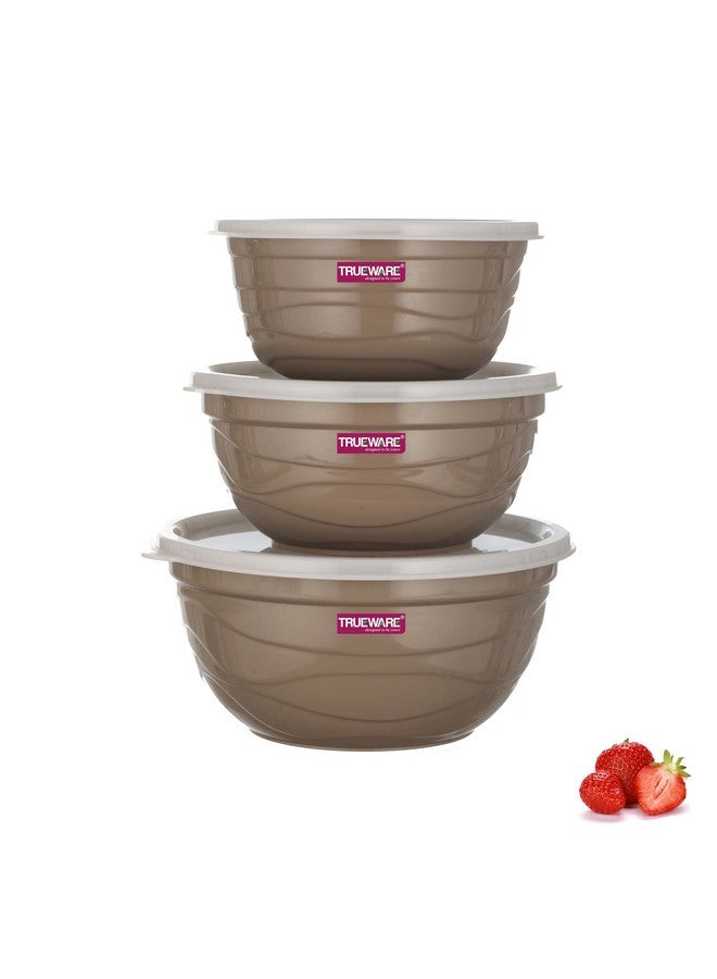 Trueware Microwave Safe Bowl |1 Year Warranty | Bowl Sets, Bowl, Serving Bowl with lid |1000,1400,2200 ml | Florra Stainless Steel Serving Bowls, Microwave Bowl | Mixing Bowl Set of 3 with Lid- Brown - Image 1
