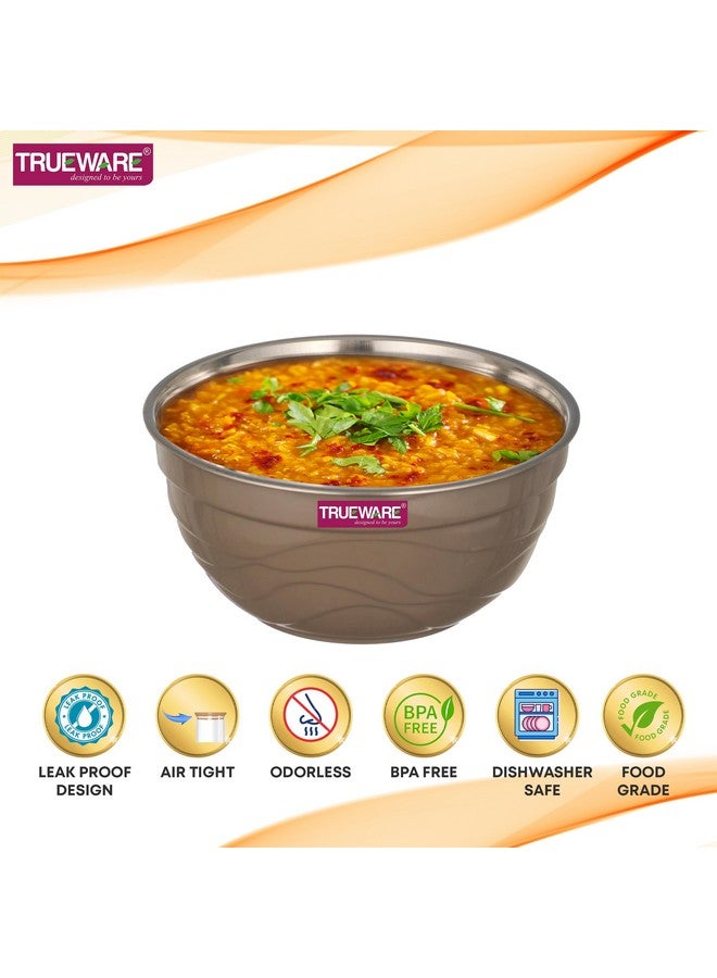 Trueware Microwave Safe Bowl |1 Year Warranty | Bowl Sets, Bowl, Serving Bowl with lid |1000,1400,2200 ml | Florra Stainless Steel Serving Bowls, Microwave Bowl | Mixing Bowl Set of 3 with Lid- Brown - Image 3