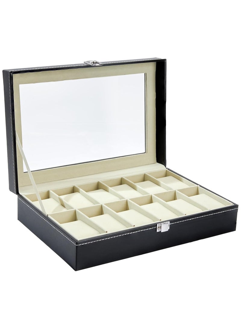 صندوق حفظ الساعات مع 12 خانة من الجلد، حافظة ساعات ومجوهرات للرجال والسيدات، صندوق عرض الساعات والمجوهرات مع غلاف زجاجي شفاف، خازنة ساعات ومجوهرات - Image 1