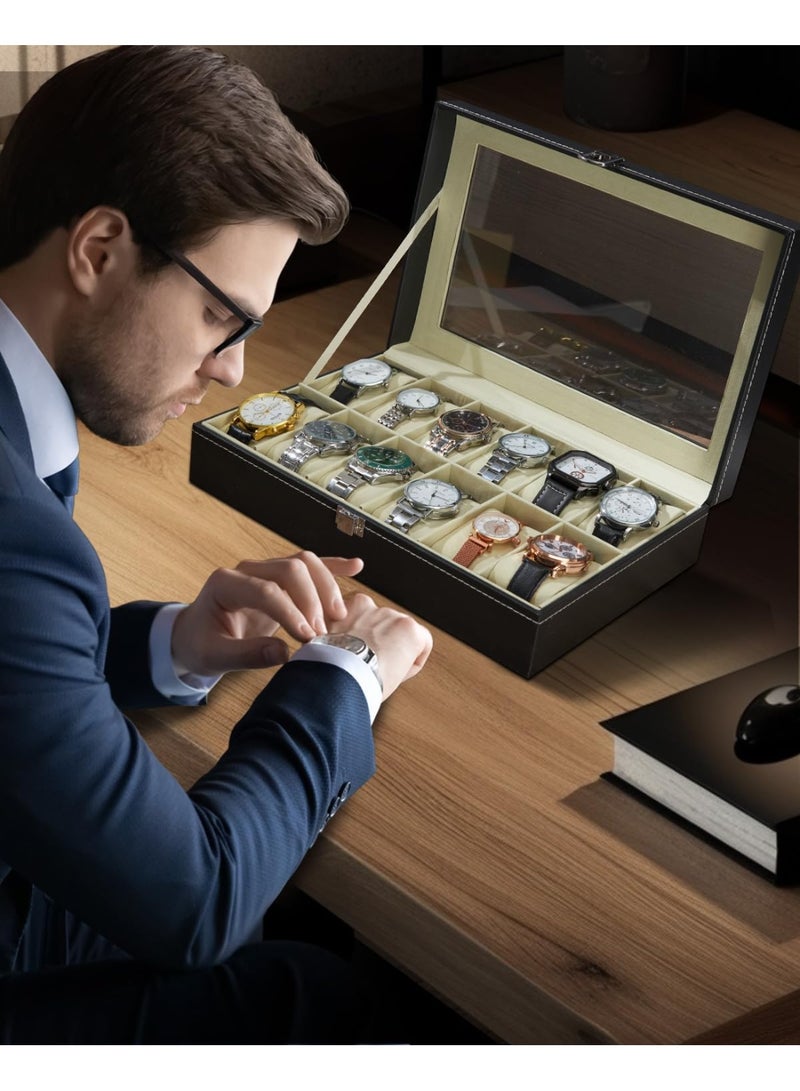 صندوق حفظ الساعات مع 12 خانة من الجلد، حافظة ساعات ومجوهرات للرجال والسيدات، صندوق عرض الساعات والمجوهرات مع غلاف زجاجي شفاف، خازنة ساعات ومجوهرات - Image 3